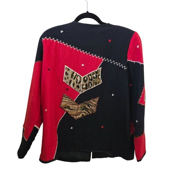 Vintage Art To Wear Bohemian Mixed Media Tee Black Animal Print Jacket Size M - Picture 2 of 7